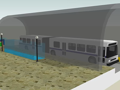 Modern Bus Stop Shelter With Stone Pavement Street Lamps And Public Transit Vehicle 3d model