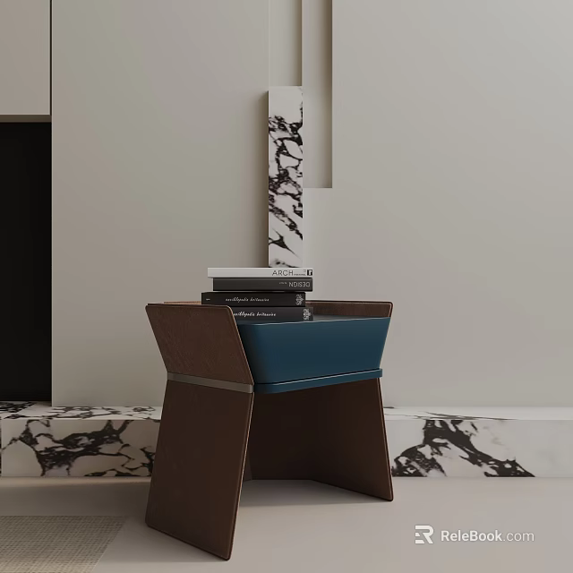 Modern Minimalist Side Table In Brown Blue With Books On Top Marble Accent 3d model 