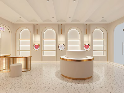 Modern Luxury Boutique Store With Circular Counter Arch Windows Gold Accents White Walls Terrazzo Floor 3d model
