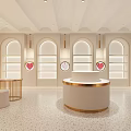 Modern Luxury Boutique Store With Circular Counter Arch Windows Gold Accents White Walls Terrazzo Floor