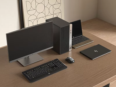 Modern Computer Setup With Desktop Monitor Tower Case Laptop Tablet Keyboard Mouse And Wooden Desk 3d model