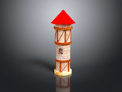3D Model Tower With Red Roof Multi Level Stone Structure Wooden Beams And Yellow Base 3d model