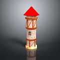 3D Model Tower With Red Roof Multi Level Stone Structure Wooden Beams And Yellow Base