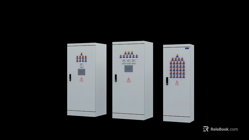 Three White Electrical Distribution Cabinets With Control Buttons And Digital Displays 3d model 