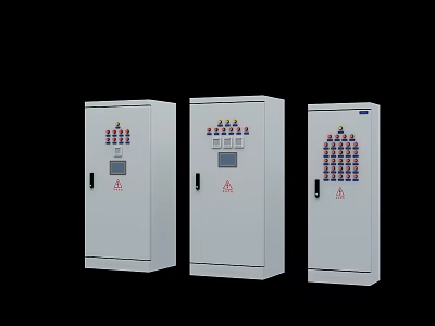 Three White Electrical Distribution Cabinets With Control Buttons And Digital Displays 3d model