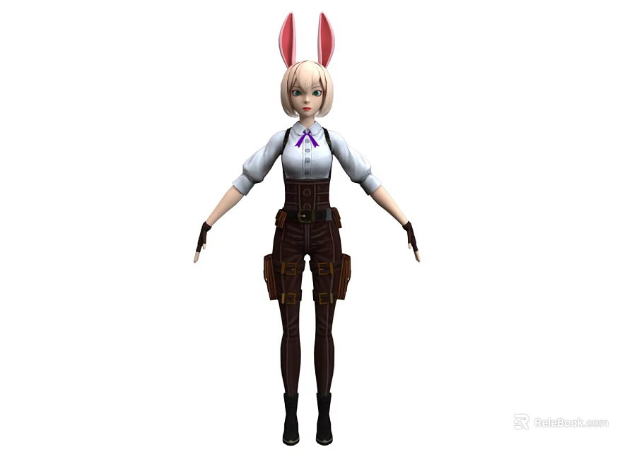 Woman With Bunny Ears Hair Accessory Wearing White Blouse Brown Overalls Black Gloves And Boots 3d model 