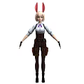 Woman With Bunny Ears Hair Accessory Wearing White Blouse Brown Overalls Black Gloves And Boots