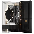 Modern Bathroom Washbasin Design With Round Lighting Mirror Marble Wall And Wooden Countertop
