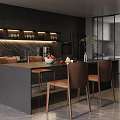 Modern Open Kitchen Interior With Long Dining Table Chairs Fruits And Coffee Machine 3d model