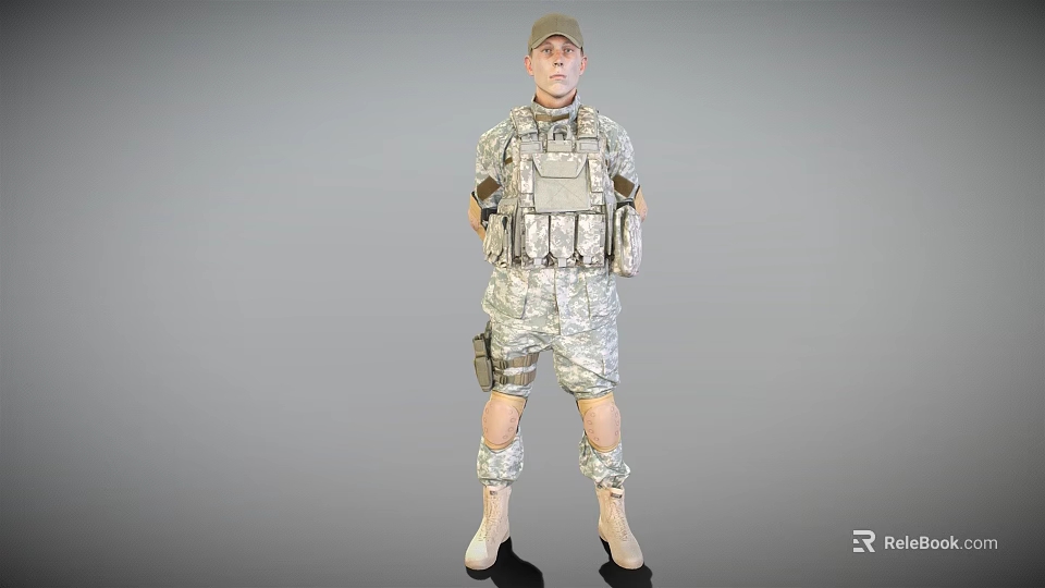 Man In Camouflage Uniform With Tactical Vest And Cap Standing Against Gray Background 3d model 
