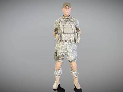 Man In Camouflage Uniform With Tactical Vest And Cap Standing Against Gray Background 3d model