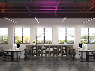 Modern Office Interior With Workstations Computers Large Windows Bookshelves And Lighting 3d model