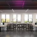 Modern Office Interior With Workstations Computers Large Windows Bookshelves And Lighting