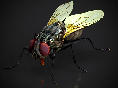 Close up of a Fly with Red Eyes Transparent Wings Black Body on Dark Background 3d model
