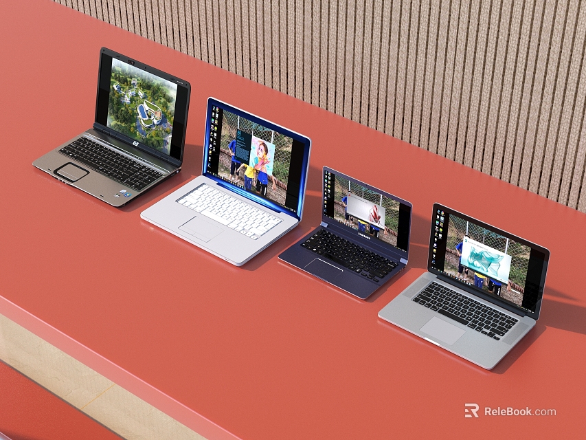 Four Laptops Lined Up On Red Table With Screens Showing Content And Wooden Wall Background 3d model 