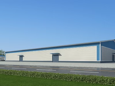 Modern Industrial Factory Building With Blue Beige Exterior Steel Structure And Front Road Green Lawn 3d model