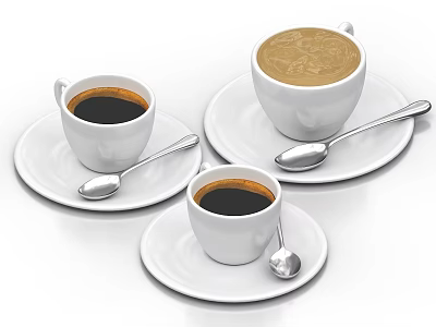 Various Coffee Drinks In White Cups With Saucers And Spoons 3d model