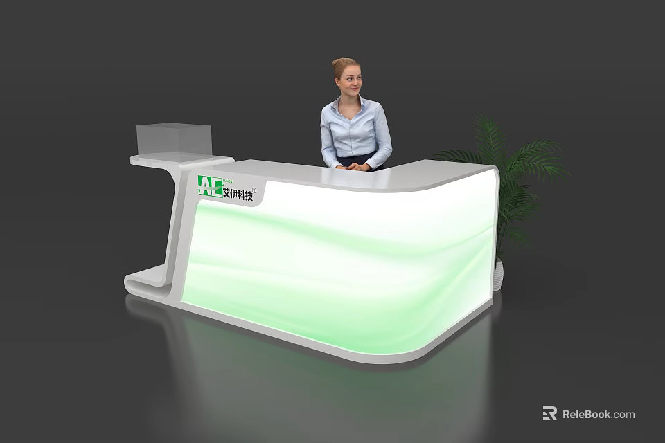 Modern White And Green Curved Reception Desk With Nature Logo And Female Staff 3d model 