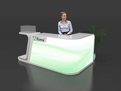 Modern White And Green Curved Reception Desk With Nature Logo And Female Staff 3d model