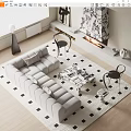 Modern Living Room Sofa Coffee Table Set With Checkered Rug And Accent Chairs
