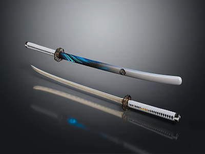 Samurai Sword With White Sheath Blue Decorations Silver Blade And White Gold Handle 3d model
