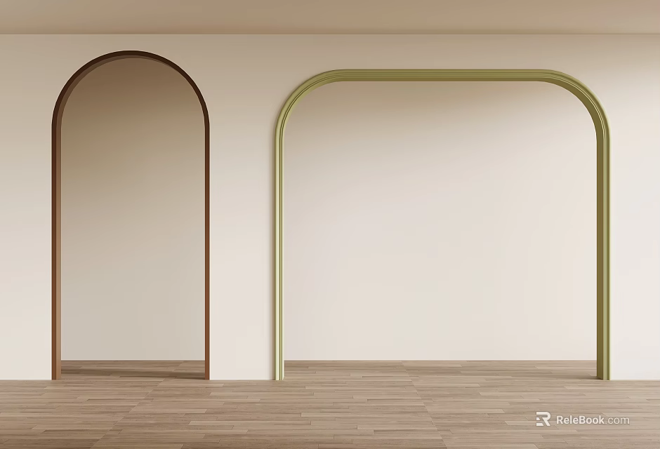 Interior Design Featuring Two Colored Door Arches Brown And Green Against White Walls Wooden Floor 3d model 