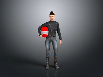 Motorcycle Rider Wearing Black Leather Jacket Jeans Boots And Red White Helmet 3d model