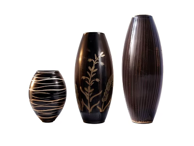 Three Ceramic Vases with Striped Gold Floral and Vertical Line Patterns 3d model
