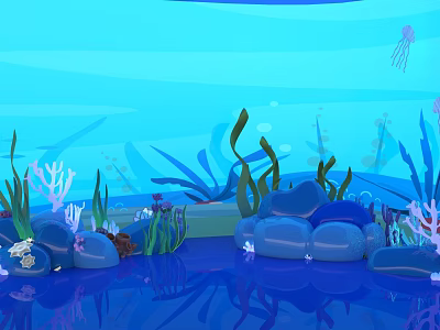 Beautiful Underwater Landscape with Blue Water Jellyfish Seaweed Coral and Rocks 3d model