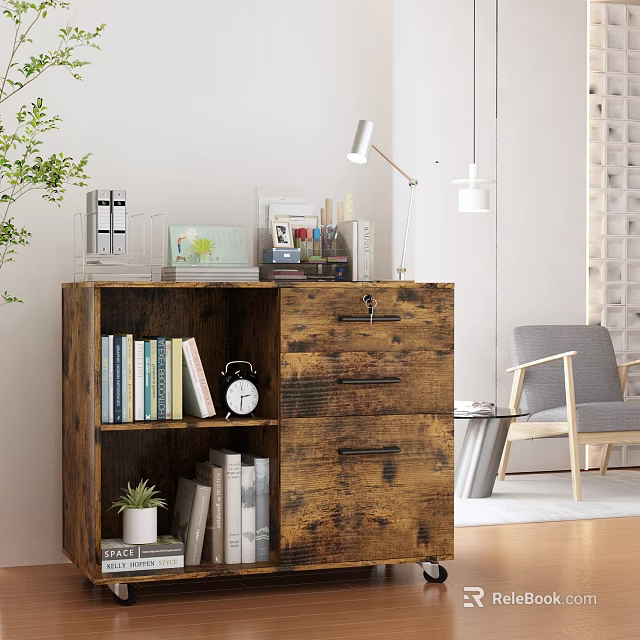 Wooden Console Table Entryway Furniture With Books Clock Plant And Lamp For Modern Decor 3d model 