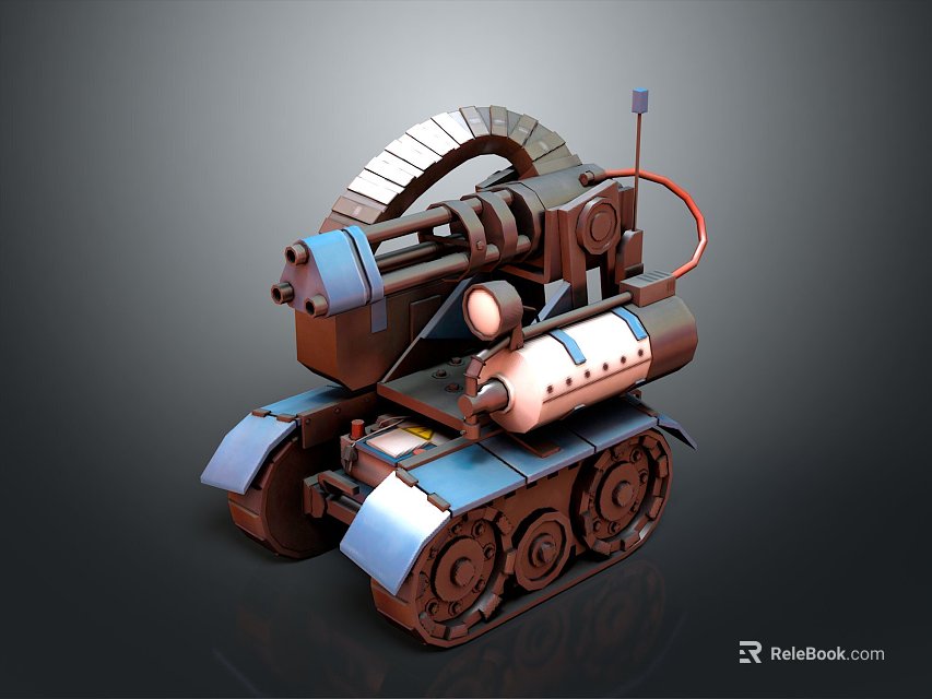 Mechanical Cartoon Tank With Large Cannon Metallic Tracks And Red Cable 3d model 