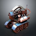 Mechanical Cartoon Tank With Large Cannon Metallic Tracks And Red Cable