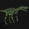 Realistic 3D Green And Black Patterned Dinosaur Model Standing On Black Background