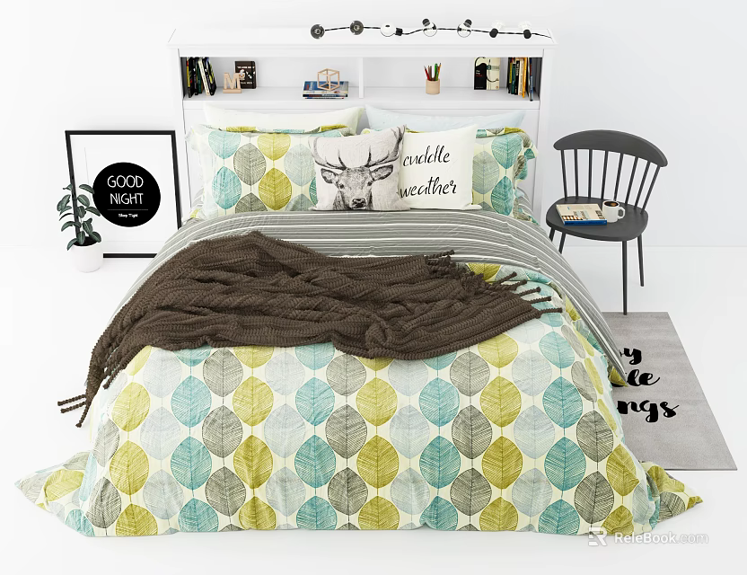 Double Bed With Leaf Pattern Bedding Green Yellow Design Bookshelf Headboard And Side Chair 3d model