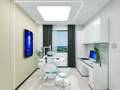 Modern Dental Clinic Interior With Dental Chair White Cabinets Computer And Window 3d model