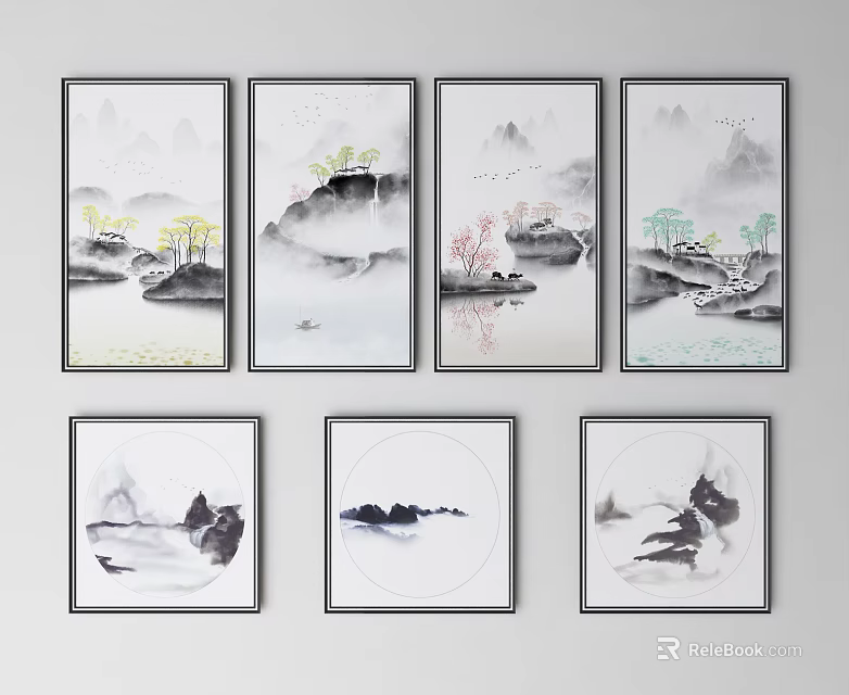 Abstract Paintings With Chinese Ink Landscape Elements For Wall Decor 3d model