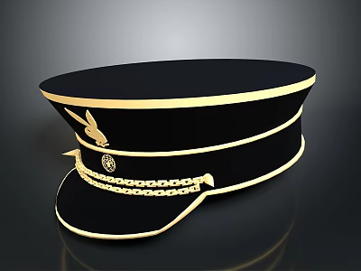 Stylish Black Hat With Gold Trim Rabbit Logo Chain And Badge For Daily Use 3d model