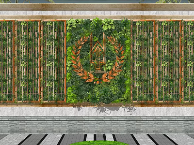 Green Plant Feature Wall With Decorative Metal Frame And Circular Emblem 3d model