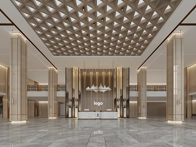 Luxurious Hotel Lobby With Geometric Ceiling Marble Floor And Modern Reception Design 3d model