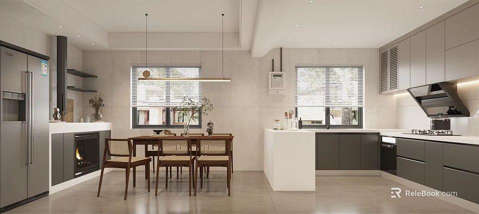 Modern Kitchen Interior Design With Dining Table Chairs Pendant Lights Blinds And Cabinets 3d model 