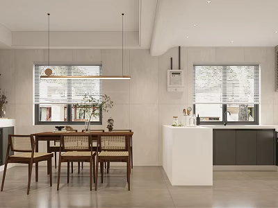 Modern Kitchen Interior Design With Dining Table Chairs Pendant Lights Blinds And Cabinets 3d model