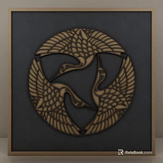 Three Cranes Wooden Carving Animal Painting With Circular Design And Detailed Wings 3d model 