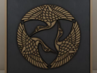 Three Cranes Wooden Carving Animal Painting With Circular Design And Detailed Wings 3d model