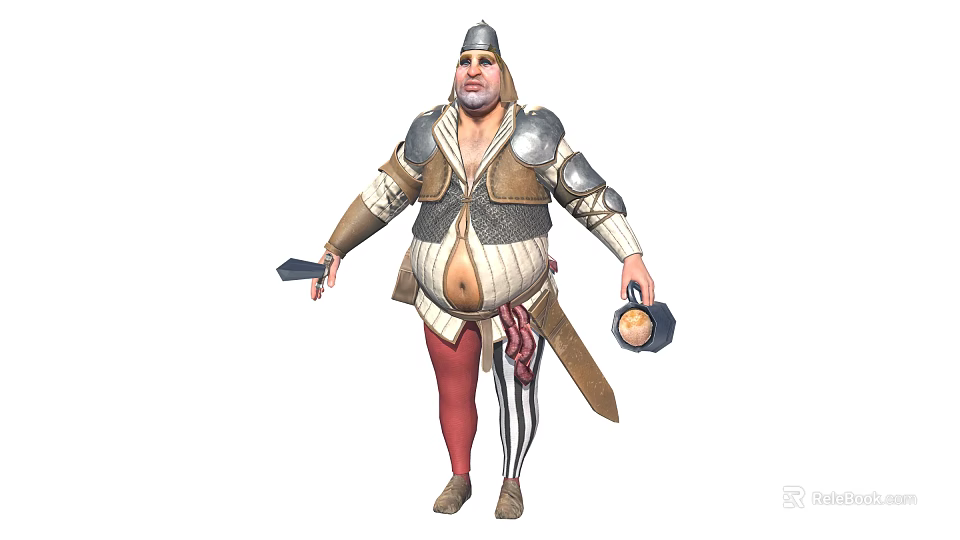 Fat Medieval Knight In Armor With Helmet Holding Weapon And Red Striped Pants 3d model 