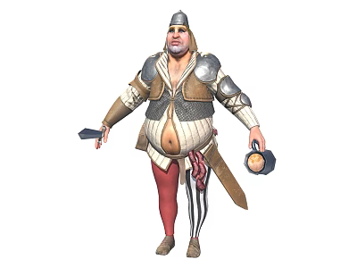 Fat Medieval Knight In Armor With Helmet Holding Weapon And Red Striped Pants 3d model
