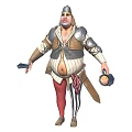 Fat Medieval Knight In Armor With Helmet Holding Weapon And Red Striped Pants