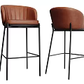 Brown Leather Bar Stools With Stitched Backrest And Black Metal Legs Modern Design