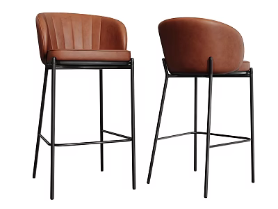 Brown Leather Bar Stools With Stitched Backrest And Black Metal Legs Modern Design 3d model