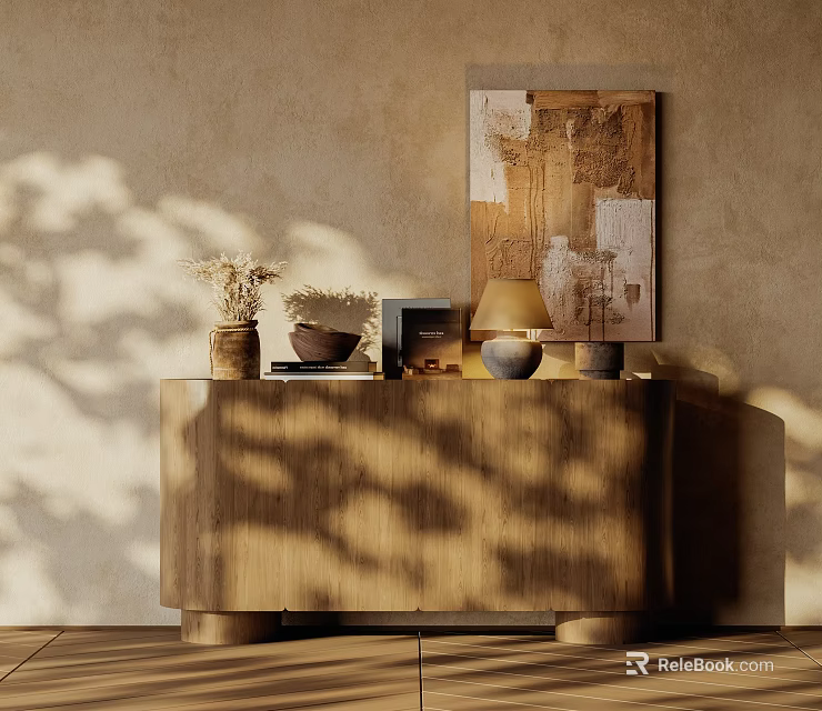 Wooden Console Table With Decorative Items And Artwork On Textured Wall 3d model 