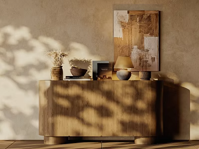Wooden Console Table With Decorative Items And Artwork On Textured Wall 3d model